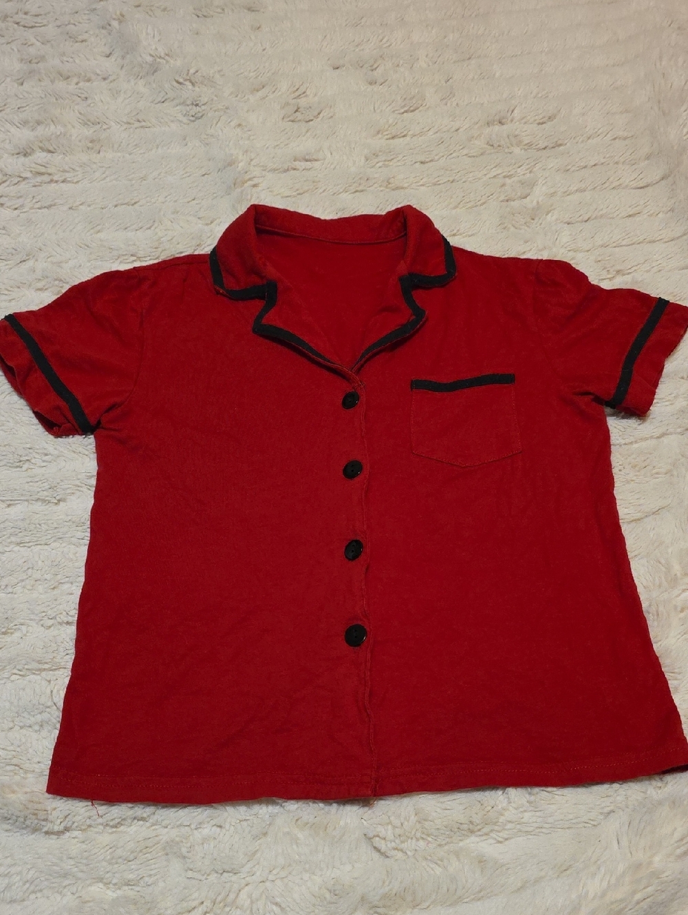 Red Button-Up Short Sleeve Top with Black Trim